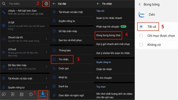 Chọn Tất cả để cho phép tin nhắn Zalo hiện dưới dạng bong bóng