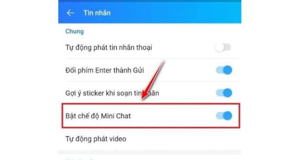 Gạt tắt tại Bật chế độ Mini Chat